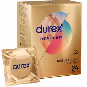Condoms Durex Real Feel 24 pcs — lubricant-coated natural-touch polyisoprene, 24 condoms