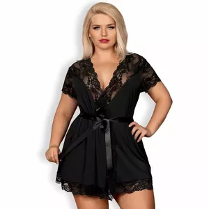 Robe Obsessive D-221609 Black, size 2XL/3XL, non-transparent fabric, lace trim, satin belt, 85% polyamide/15% spandex
