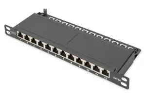 Digitus CAT 6A Slim Patch Panel DN-91612S-SL-EA ekranēts 12 portu 0.5 U 10 collu melns plauktā uzstādāms sadales panelis ar Cat6a atbalstu