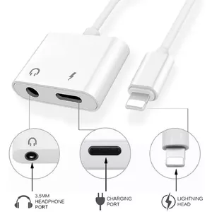 Riff J-009 Dual Lightning Audio Adapter to 3.5mm Headset Plug + Lightning Charger Plug White