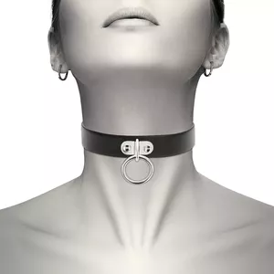 Vegan leather fetish necklace for women COQUETTE D-226912 — adjustable choker, metal ring detail