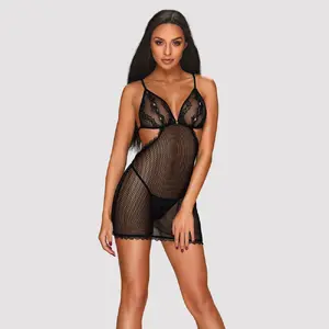 Chemise (negligee) Obsessive D-228770 L/XL, black, lace, adjustable straps, partly open cups, 90% polyamide/10% spandex