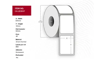 Capture CA-LB3047 Direct Thermal Printer Labels White Roll 10.5 x 3.2 cm 850 Labels per Roll
