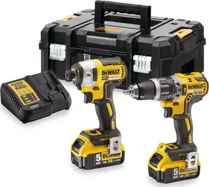Bezvadu instrumentu komplekts DeWalt DCK266P2T — 18 V, 2×5,0 Ah akumulatori, triecienurbjmašīna un kombi urbjmašīna, lādētājs, somā