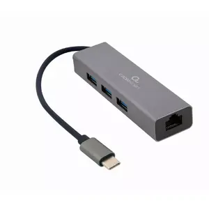 Dokstacija Gembird A-CMU3-LAN-01 — USB‑C 3.2 Gen 1, 1× gigabitu LAN, 3× USB‑A, metāla korpuss, pelēks