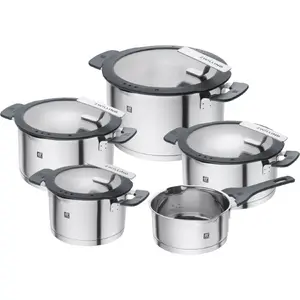 ZWILLING stainless steel pan set SIMPLIFY 5 pcs — dishwasher & oven safe, glass lids, suitable for ceramic hobs