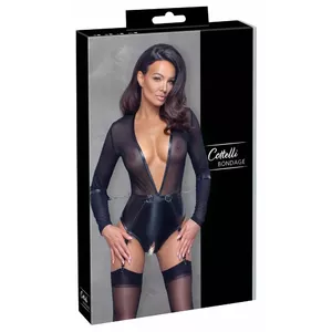 Body cottelli collection M Black 26428671031 – low-cut long-sleeve crotchless body with sewn-on belt, removable suspender straps, adjustable handcuffs