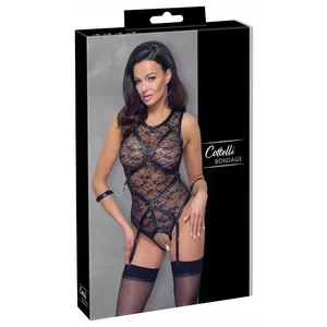Bodysuit Cottelli Collection XL Black — lace, crotchless, detachable suspender straps, included adjustable arm restraints