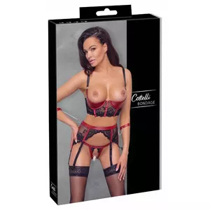 Lingerie set Cottelli Collection Shelf Bra Set L Black/Red with underwired shelf bra, suspender belt, crotchless string, removable restraints