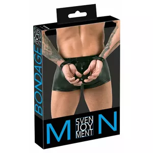 Мужские брюки Svenjoyment модель 21328691731 XL — черные матовые, 90% полиэстер 10% спандекс, передняя планка на кнопках, прикрепленные наручники