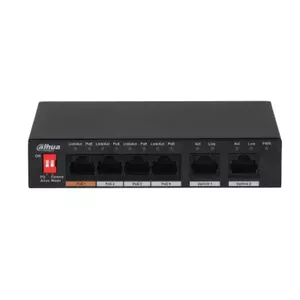 Nevadāms slēdzis DAHUA PFS3006-4ET-60 — 6x 10/100 RJ-45, 4x PoE (60 W), DC 53 V, metāla korpuss