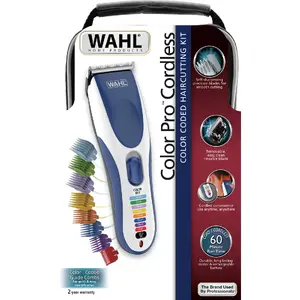 Hair clipper Wahl Color Pro Cordless — cordless trimmer, NiMH battery, 60 min runtime, 9 length steps, cutter width 4 cm, min 1 mm max 25 mm, blue/silver