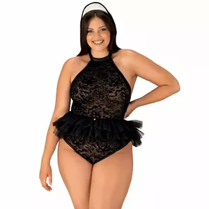 Bodysuit Obsessive D-229719 L/XL Black – lace maid costume, tulle skirt, open back, 90% polyamide 10% spandex