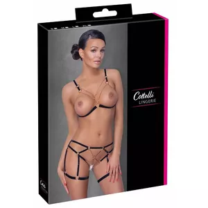 Apakšveļas komplekts Cottelli Collection Bra Set L Black Glamour — bezstieņa atvērta krūštura bļodiņas, atvērtas biksītes, noņemamas rožu zelta ķēdītes, regulējami siksniņu