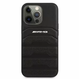 Задняя кожаная накладка Mercedes-AMG AMHCP13LGSEBK для Apple iPhone 13 Pro — тиснённые линии, чёрная