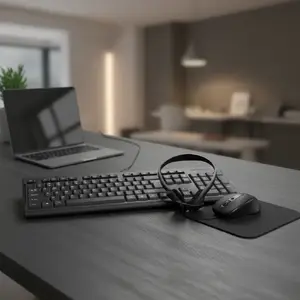 4‑1 komplekts Tastatūra un Pele Fiesta F4IN1OS01 — tastatūra, pele, paliktnis, vadu austiņas ar mikrofonu, melns