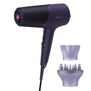 Фен Philips 5000 series BHD514/00 мощностью 2300 Вт фиолетового цвета с двигателем постоянного тока, ионизацией, обдувом холодным воздухом, 3 режимами нагрева, 2 скоростями, насадкой-концентратором и диффузором