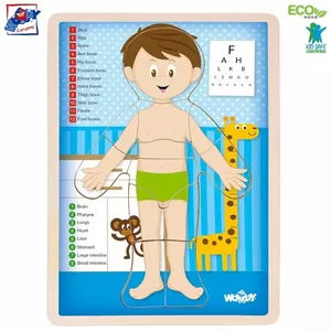 Woody 91922 Eko koka attīstošā puzle - Cilvēka ķermenis Zēns (EN versija) (12gab.) bērniem no 3 gadiem + (22.5x30x0.8см)