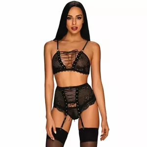 Комплект белья Obsessive Basitta L/XL – бюстгальтер, пояс-подвязки, стринг; чёрная сетка, 90% полиамид 10% спандекс