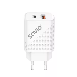 Indoor Charger SAVIO LA-04 USB Type-A & Type-C, 18W, PD 3.0 Quick Charge, 2x USB-A + 1x USB-C, 100–240V, white