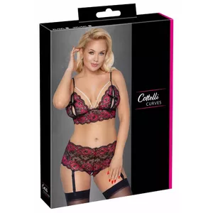 Apakšveļas komplekts Cottelli Collection 22140081141: bezvada krūšturis un atvērti biksītes ar zeķturēm, ziedu mežģīnes, XL/2XL, pērlīšu ķēdītes