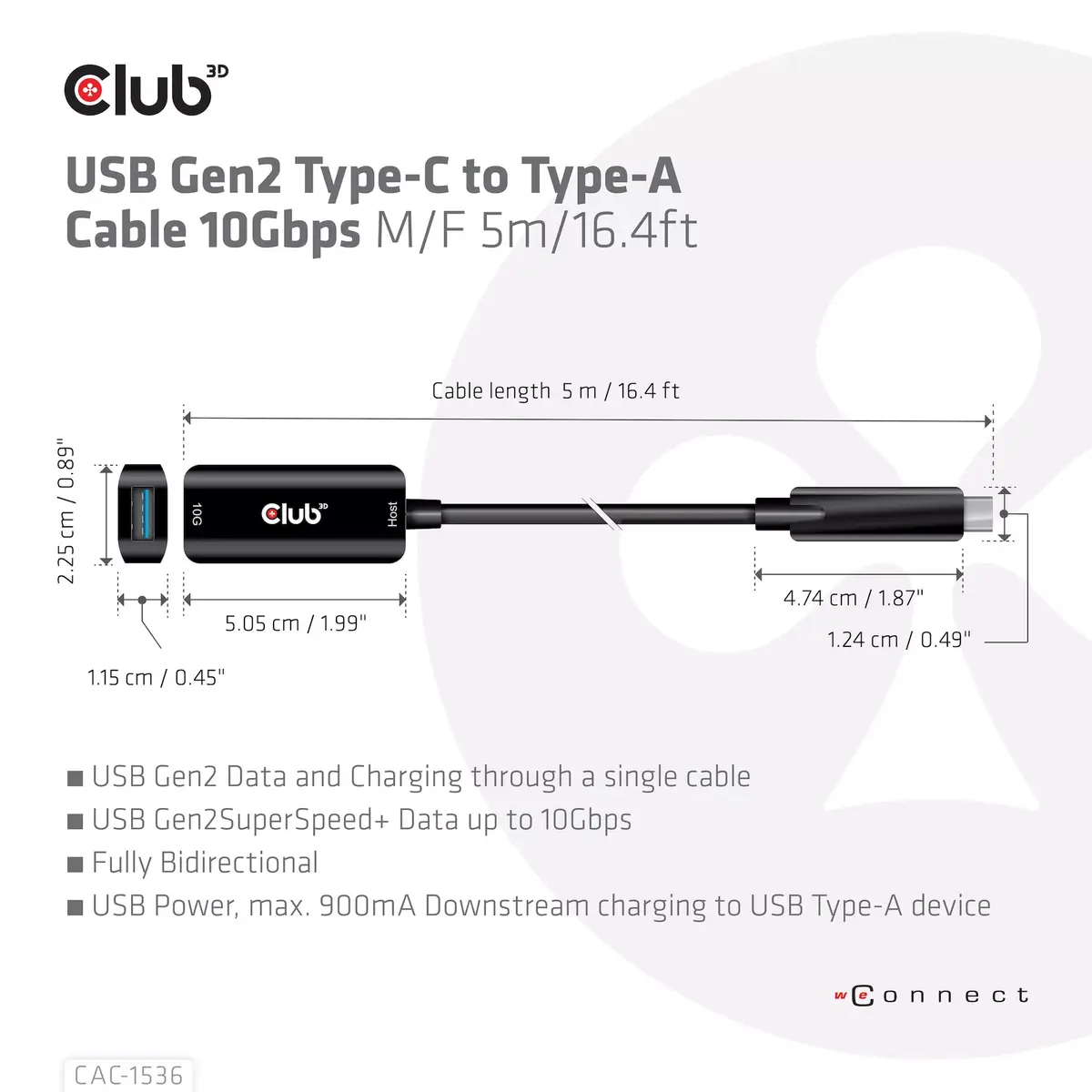 USB Gen2 Type-C to Type-A Cable CLUB3D CAC-1536 Photo 5