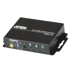 VGA uz HDMI konvertors ar skalētāju ATEN VC182 — līdz 1920x1200, atbalsts 1080p, HDB-15/RCA ieeja, HDMI izeja, 5 V, melns