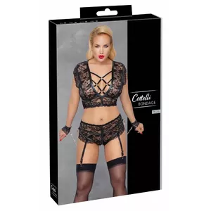 Apakšveļas komplekts Cottelli Collection Bondage — krūšturis un atvērti biksītes ar zeķu turētājiem, 4XL, melns, mežģīnes ar rozā zelta detaļām