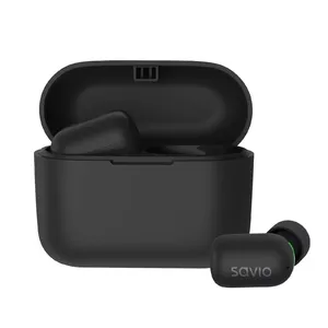 Bezvadu iekšausu austiņas SAVIO TWS-09 — Bluetooth 5.1, binaurālas, 20–20000 Hz, 8 h sarunu laiks, power bank, USB-C, melnas
