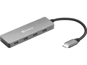 Концентратор Sandberg USB-C на 4 x USB-C с интерфейсом USB 3.2 Gen 1 Type-C, алюминиевым корпусом серого цвета и скоростью передачи данных 10000 Мбит/с