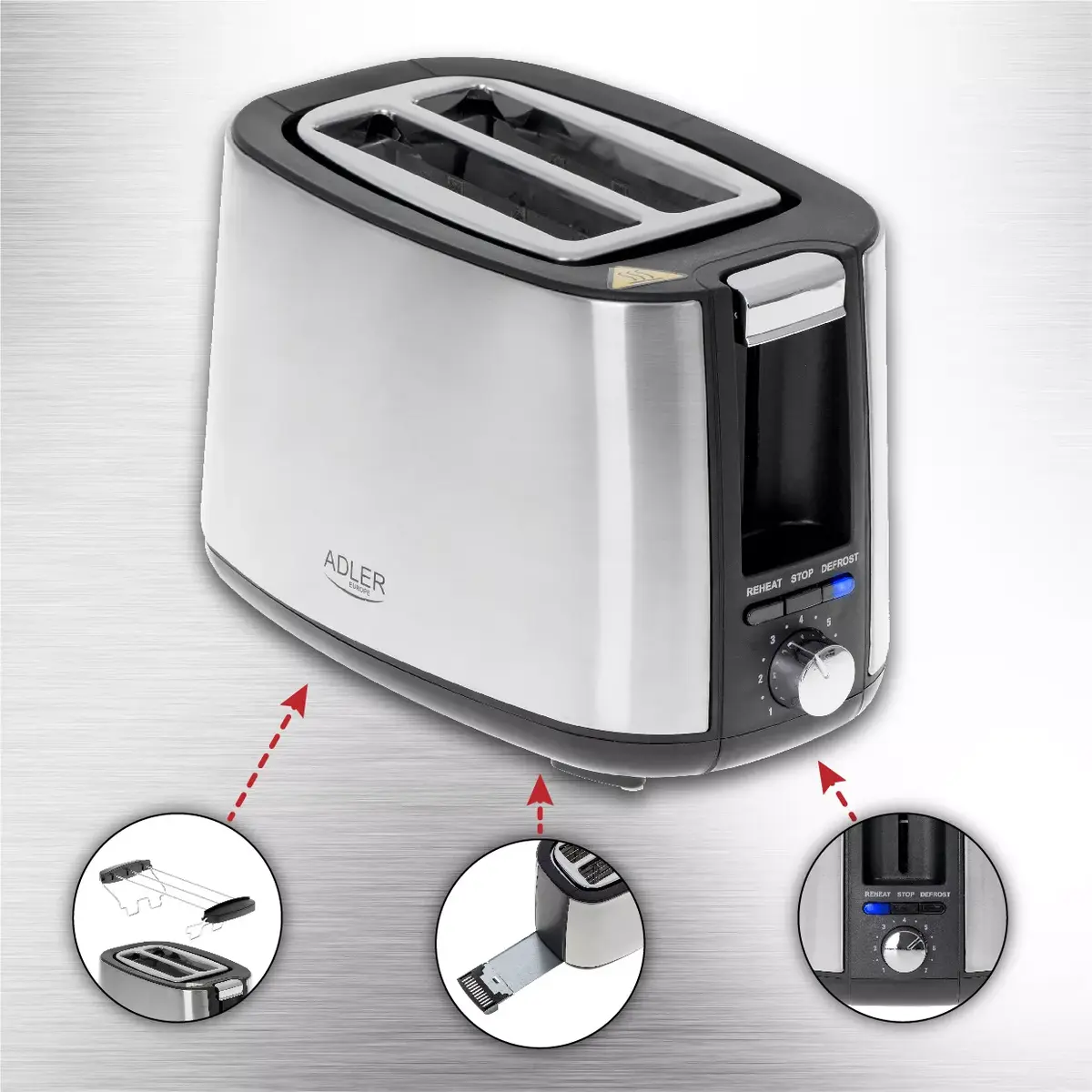 Grauzdētājs Adler AD 3214 — 2 šķēles, 900 W Photo 3