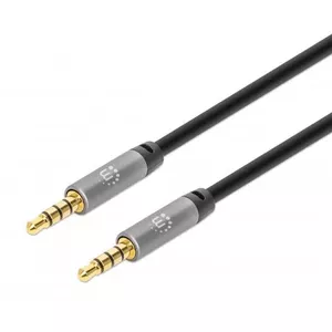 Manhattan Stereo Audio 3.5mm Cable, 1m, Male/Male, Slim Design, Black/Silver, Premium with 24 karat gold plated contacts and pure oxygen-free copper (OFC) wire, Lifetime Warranty, Polybag