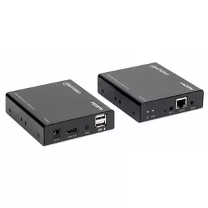 Manhattan 1080p HDMI KVM over IP Extender Kit, HDMI Extender by Single Cat5e/6 up to 120m, with IR and KVM, Black, Three Year Warranty, Retail Box