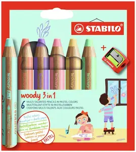 Pasteļkrītiņu komplekts Stabilo woody 3 in 1 — 6 gab., dažādas krāsas, kartona iepakojums