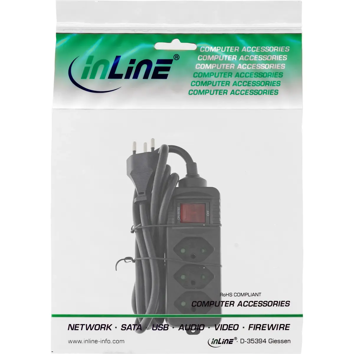 InLine Socket Strip Switzerland 3-Way with Switch 1.5m Black Photo 3