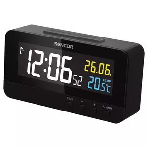 Digital alarm clock SENCOR SDC 4800 B — black, 3.4" LCD, DCF77 radio-controlled, indoor temperature, alarm with snooze