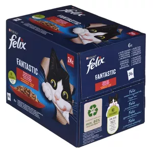 Mitrs kaķu barība Felix Fantastic Country Flavours želejā, multipak 24×85 g — pieaugušiem kaķiem, jērs un trusis