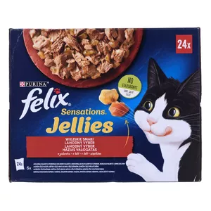 Mitrs kaķu barība Felix Sensations Country Flavors želejā, multipaka 24×85 g — mitrā barība, 24 maisiņi pa 85 g, mitrums 82%