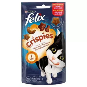 Sausā kaķu uzkoda Felix Crispies Beef & Chicken 45 g — gaļīga kraukšķīga uzkoda pieaugušiem kaķiem, olbaltumvielas 31.5%, tauki 15.5%