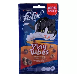Mitras kaķu uzkodas maisiņš Felix Play Tubes Chicken & Liver 50 g — gaļīgs pieaugušo našķis, 35% olbaltumvielu, 19.5% tauku