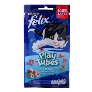 Sausās kaķu uzkodas Felix Play Tubes Fish & Shrimps 50 g — uzkodu caurulītes pieaugušiem kaķiem, olbaltumvielas 35%, tauki 19,5%