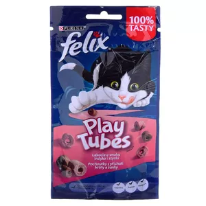 Sausā kaķu uzkoda Felix Play Tubes Turkey & Ham 50 g — gaļains kibls pieaugušiem kaķiem, olbaltumvielas 35%, tauki 19.5%