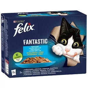 Влажный корм для кошек Purina Nestlé FELIX Fantastic рыбные вкусы — тунец, лосось, треска, камбала, 12×85 г паучей