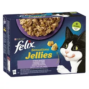 Wet cat food Purina Nestlé Felix Sensations mix — 12×85 g pouches, turkey, mackerel, lamb, herring, moisture 80%, protein 11.5%