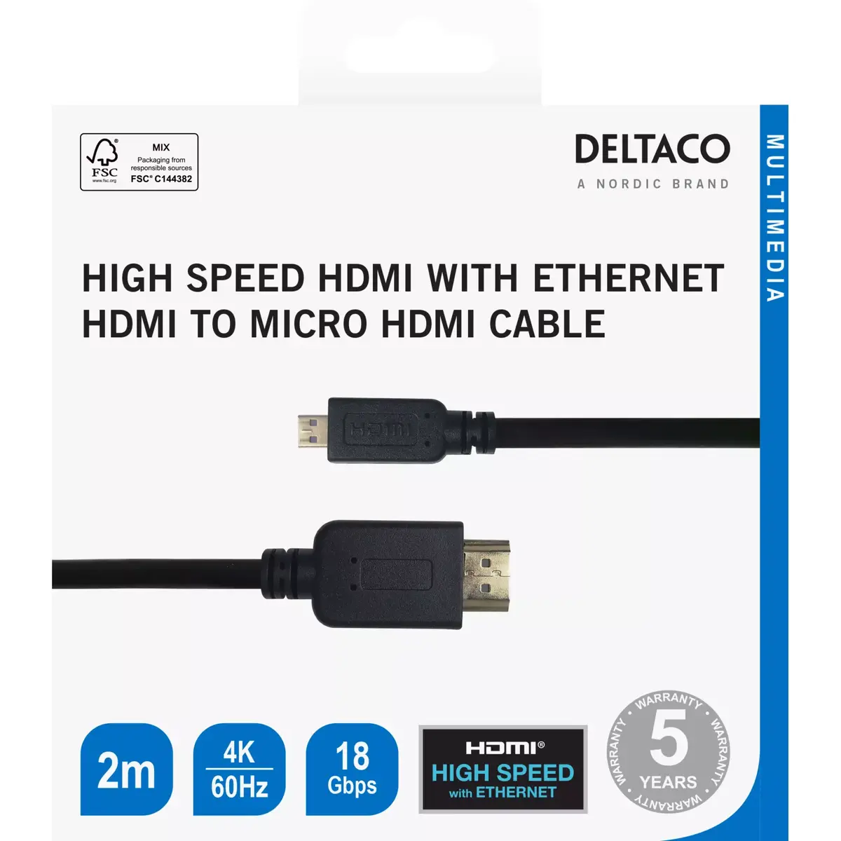 DELTACO micro HDMI kabelis 4K UHD 60Hz 2 m Photo 3