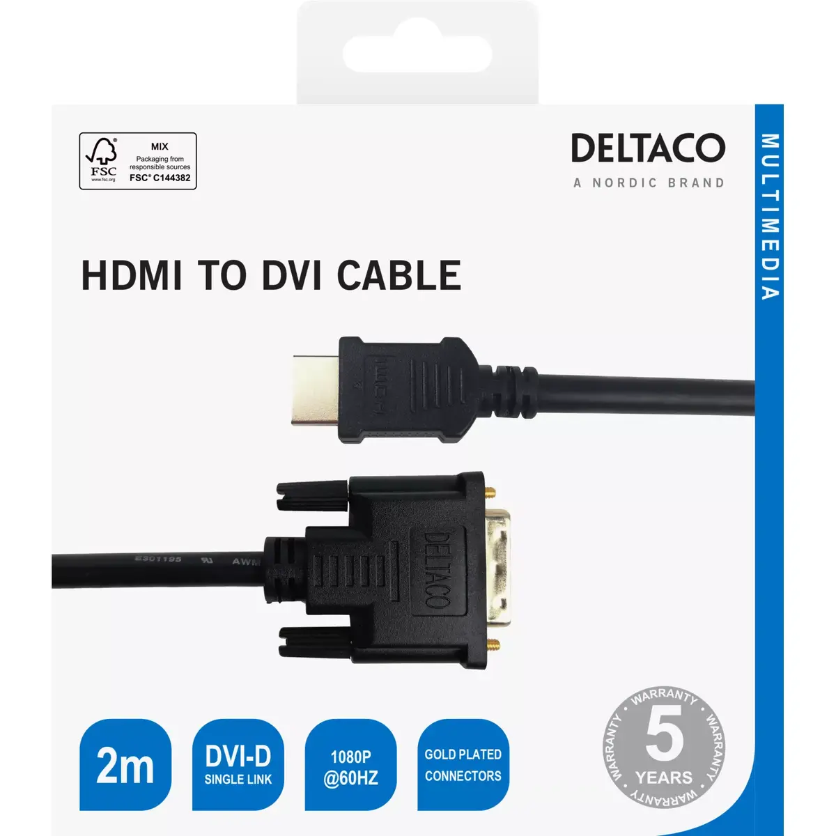 DELTACO HDMI uz DVI kabelis HDMI-112-K 2 m Photo 3