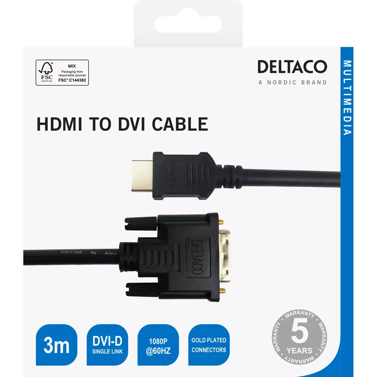 DELTACO HDMI uz DVI kabelis HDMI-113-K 3 m Photo 3