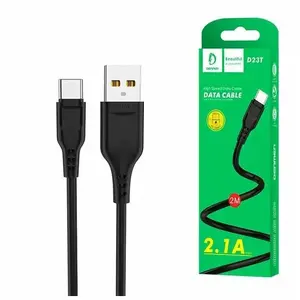 USB Type-C kabelis DENMEN D23T, 2,0 m, melns, 2,1 A, USB-A uz USB-C