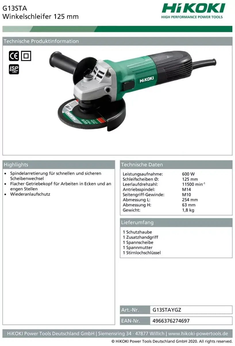 HITACHI G13STA угловая шлифмашина Photo 2