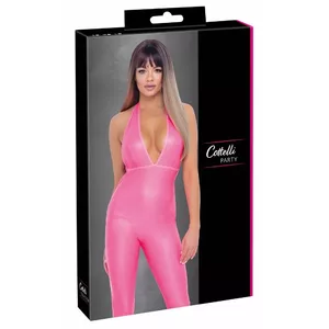 Jumpsuit Cottelli Collection S Hot Pink — low-cut halterneck, slim long legs, waist strap, 90% polyester/10% spandex (size S)